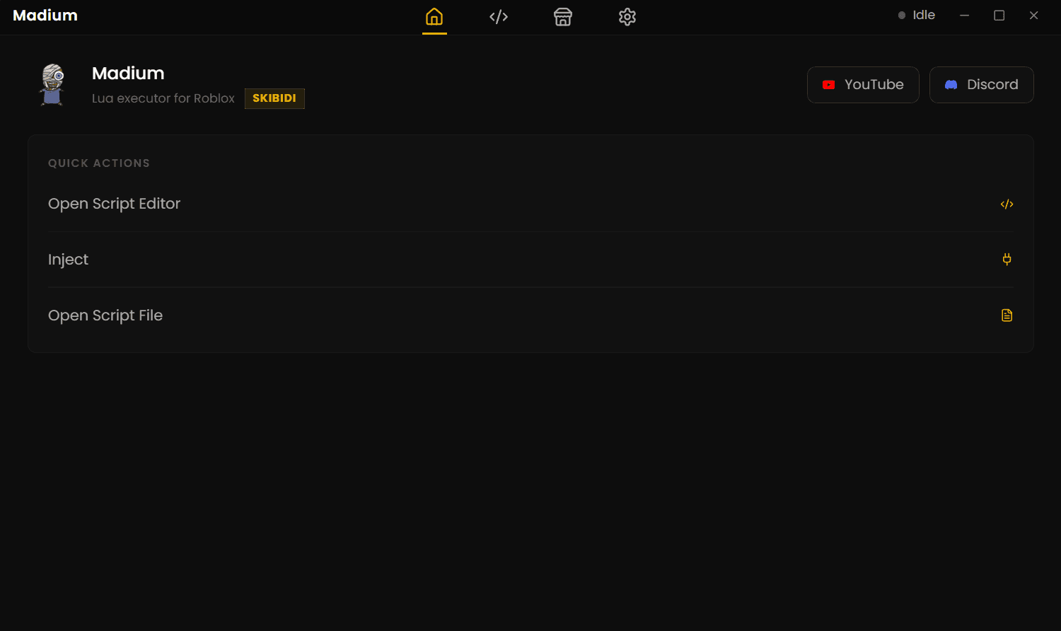 Madium Executor interface — dashboard, script editor, inject button